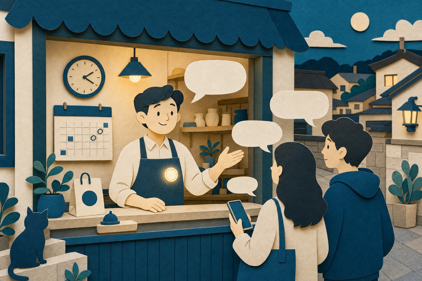 종이공예 스타일의 동네 가게 일러스트 — 점원과 고객이 말풍선으로 대화